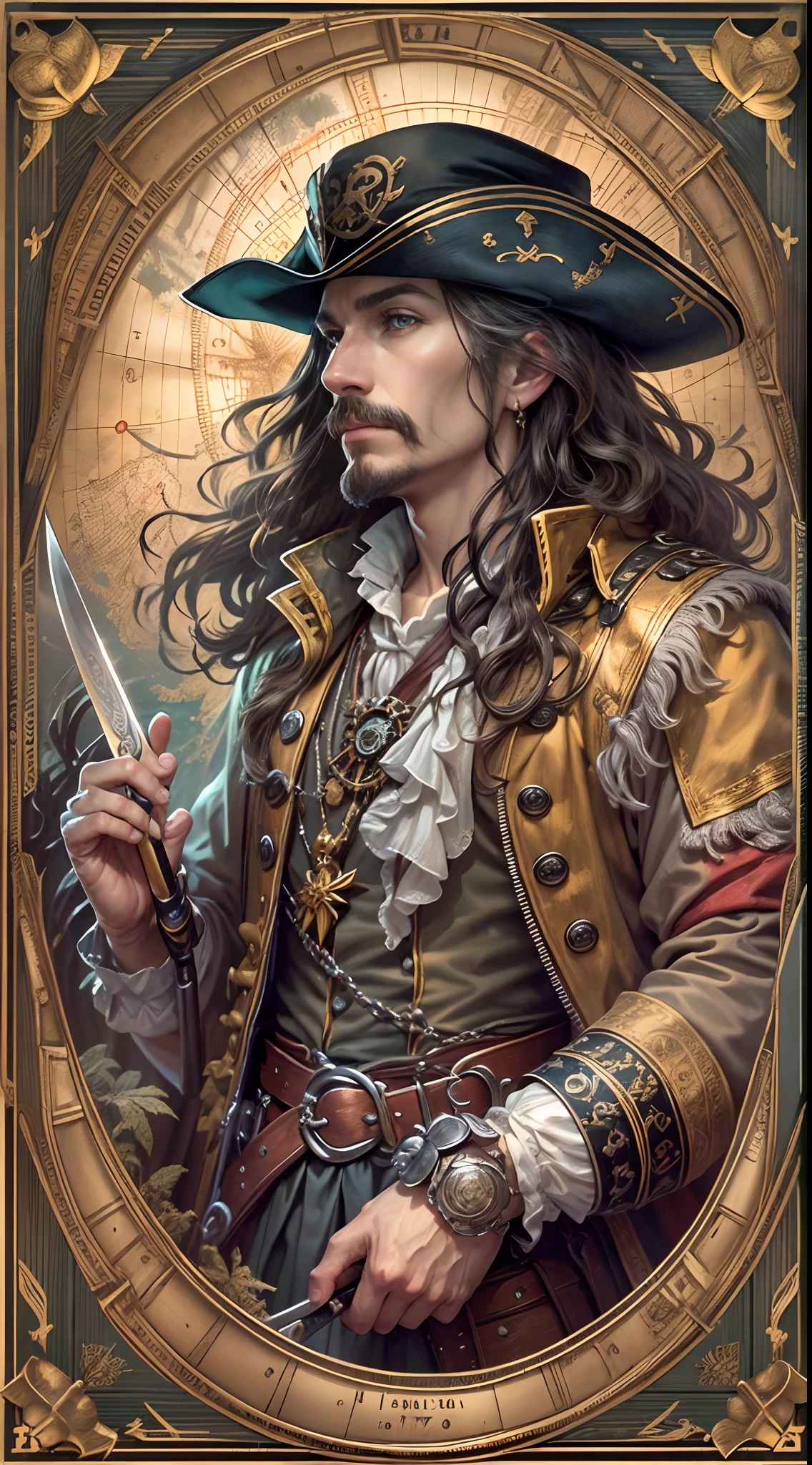 tarot cards，Full tarot border，(The image is surrounded by a tarot card-style border:1.8), 1 man，pirates of the caribbean，JK，Hold the rudder，Handheld compass,（Wearing：black toga，），Black Pearl，Detailed pirate ship，（8K quality），(Hairstyles: with black curled hair，)，Two small mustaches, pirates of the caribbean，8k wallpaper,finely quality eyes，Right eyes，correct hand， Ultra-detailed, Beautiful and aesthetically pleasing, tmasterpiece, best qualityer, (s fractal art: 1.3), dynamic angle, cowboy lens, The most beautiful forms of chaos, elegant, Fauvistdesign, vivd colour, romanticism lain, an art deco，Distant islands, compass，Nautical charts，Monocularuskets，long sword，sabre，Captain cap，Vintage style，Look down from above，（zentangle，datura，Tangles，entangled）， (s fractal art: 1.3)，holy rays，gold foil，Gold leaf art，glitter drawing，Full tarot border，（Full border 1.5）