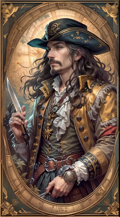 tarot cards，Full tarot border，(The image is surrounded by a tarot card-style border:1.8), 1 man，pirates of the caribbean，JK，Hold...