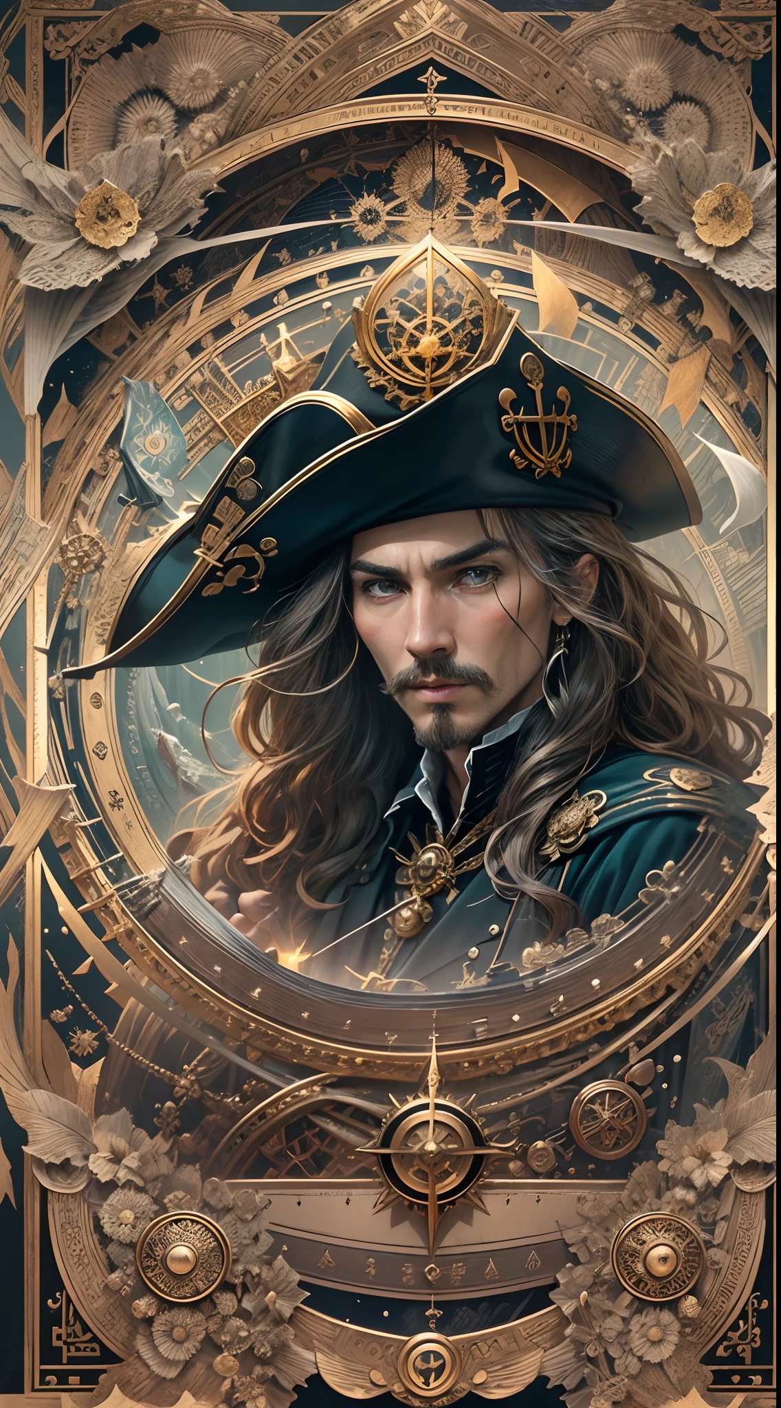 tarot cards，Full tarot border，(The image is surrounded by a tarot card-style border:1.8), 1 man，pirates of the caribbean，JK，Hold the rudder，Handheld compass,（Wearing：black toga，），Black Pearl，Detailed pirate ship，（8K quality），(Hairstyles: with black curled hair，)，Two small mustaches, pirates of the caribbean，8k wallpaper,finely quality eyes，Right eyes，correct hand， Ultra-detailed, Beautiful and aesthetically pleasing, tmasterpiece, best qualityer, (s fractal art: 1.3), dynamic angle, cowboy lens, The most beautiful forms of chaos, elegant, Fauvistdesign, vivd colour, romanticism lain, an art deco，Distant islands, compass，Nautical charts，Monoculars，Muskets，long sword，sabre，Captain cap，Vintage style，Look down from above，（zentangle，datura，Tangles，entangled）， (s fractal art: 1.3)，holy rays，gold foil，Gold leaf art，glitter drawing，Full tarot border，（Full border 1.5）