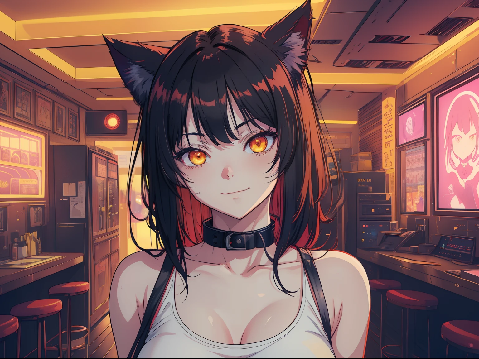 (((Portrait))), (NSFW, slim body), (best quality, 4k, 8k, high-res, ultra-detailed, anime style, pastel), catgirl, long black hair, yellow glowing eyes, looking at viewer, smug, slightly smiling, collar, aesthetic, vaporwave interior, red lightning, red interior, succubus, red light, dark red lights, tank top