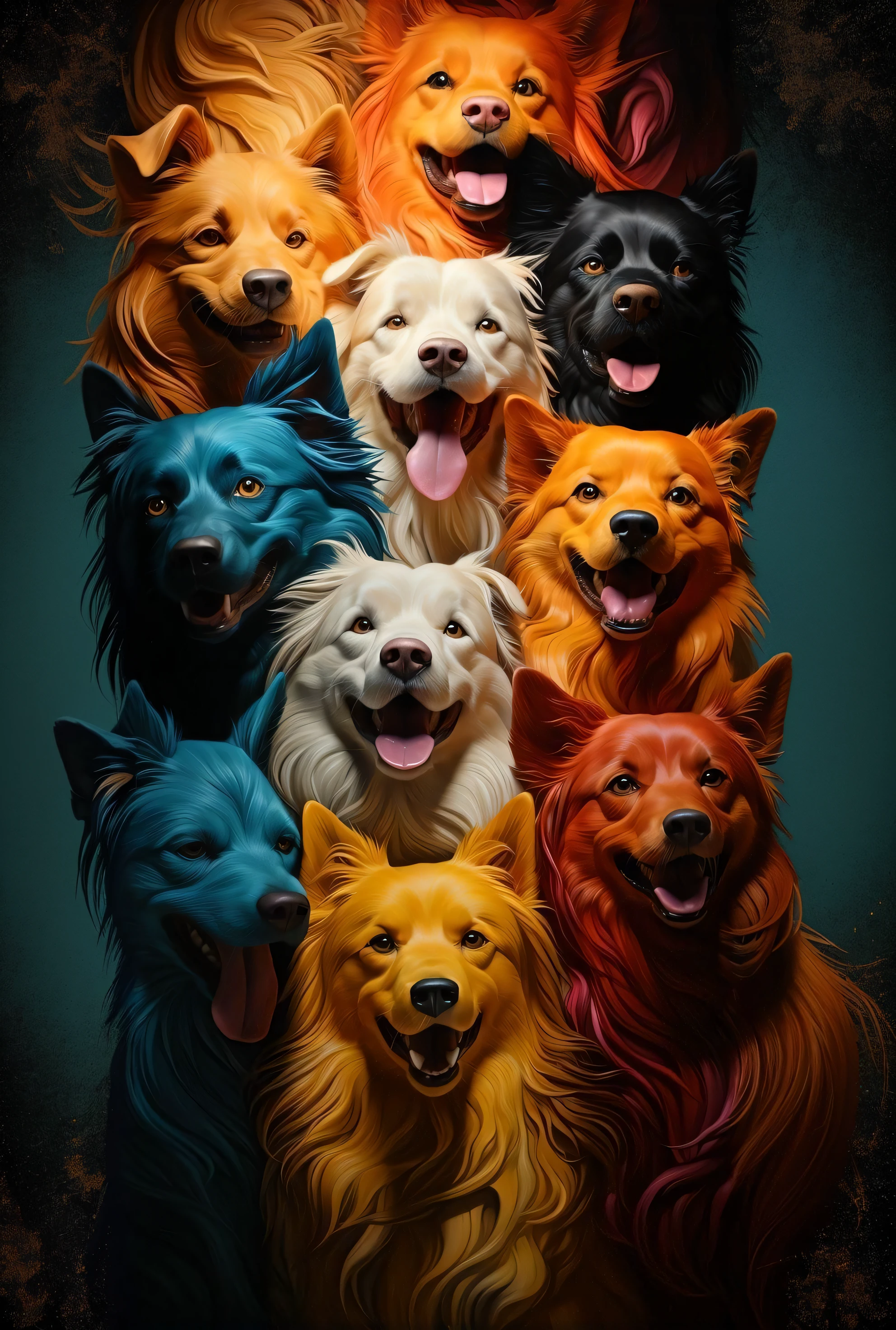 A group of dogs with their heads painted in different colors - SeaArt AI