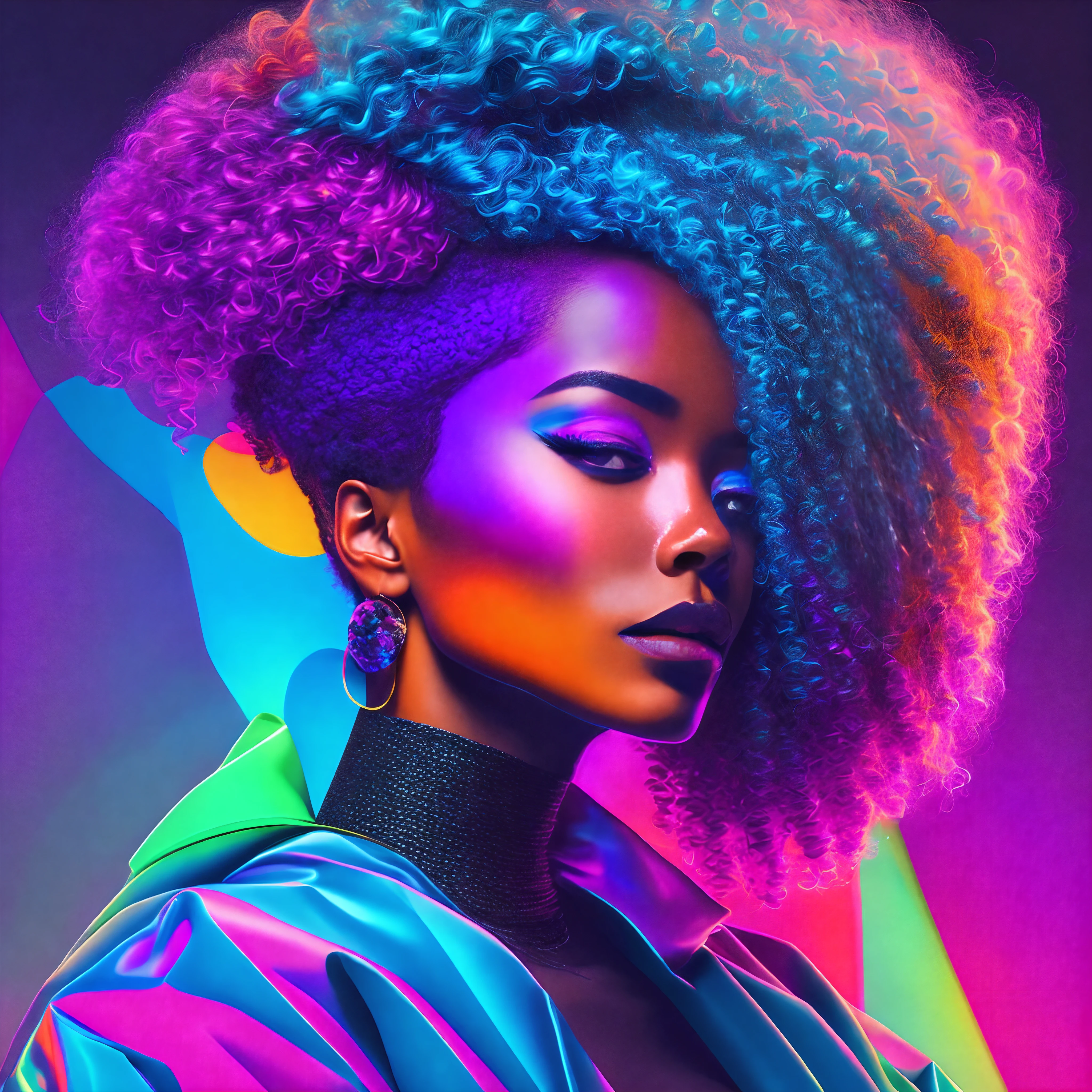 a woman with afro colored mookano hair and earrings, high colored texture, portrait color glamour, detailed color portrait, neon color bleed, high-quality portrait, colorized portrait, ultraviolet and neon colors, color studio portrait, full-colour illustration, vibrant colors hyper realism, vibrant neon colors, pop and vibrant colors, cor neon, colorful fashion, cyberpunk style color, iridescent illustration