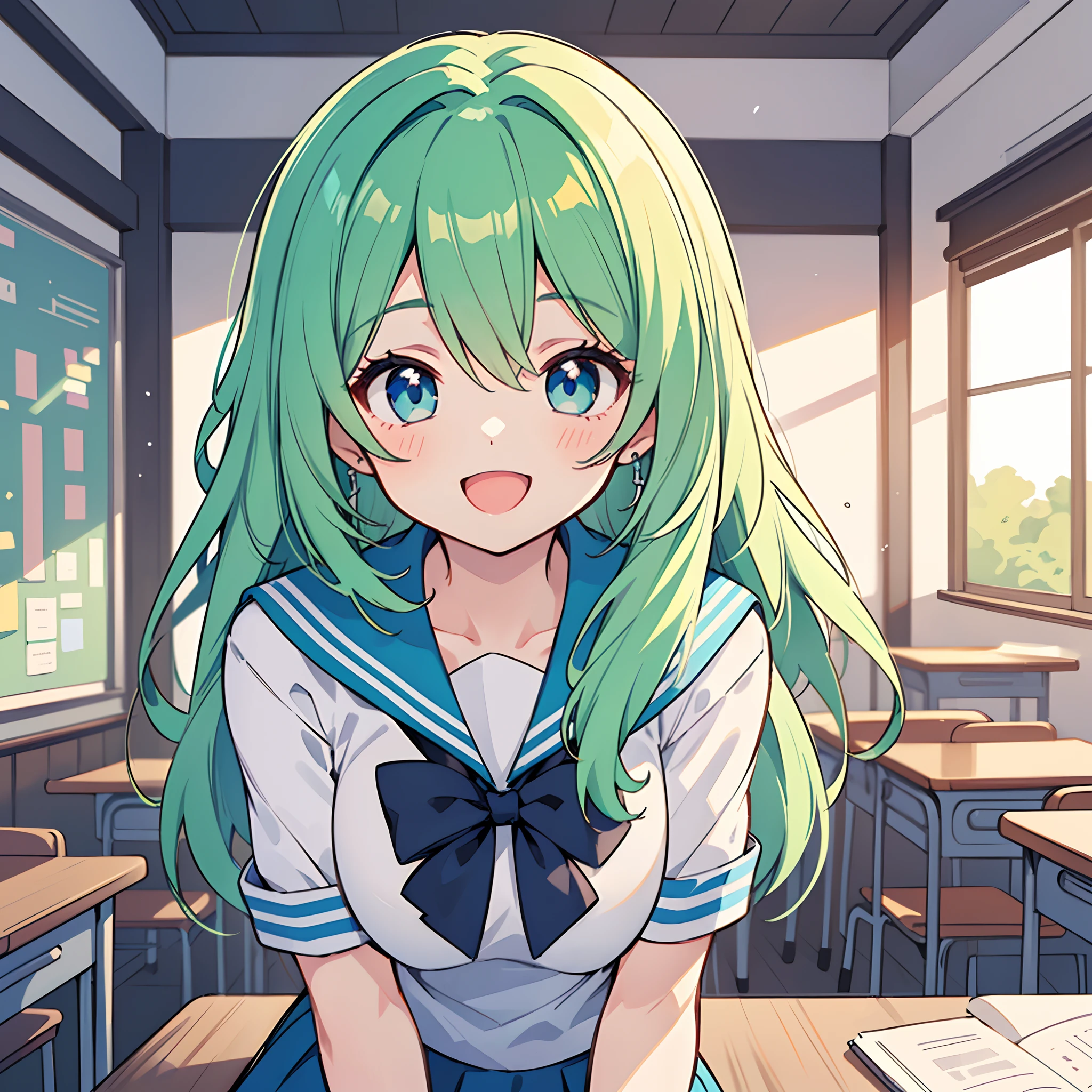 ((Pretty High School girl with green hair and blue eyes))、((wearing Sailor suit))、Loli face、((master piece、top-quality、ultra-definition、high resolution))、anime girl、((ultra-detailed illust:1.2))、only one person、bangs、hair between eye、beautiful hair、Beautiful eyes、Medium breasts、Big smile、opened mouth、in the classroom