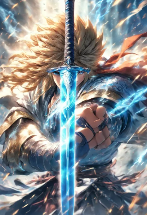 (best quality,4k,highres,masterpiece:1.2),ultra-detailed,(realistic,photorealistic,photo-realistic:1.37),swordsmanship,strong,drifting,long-haired,man,azure white,long sword,surrounded by sword energy