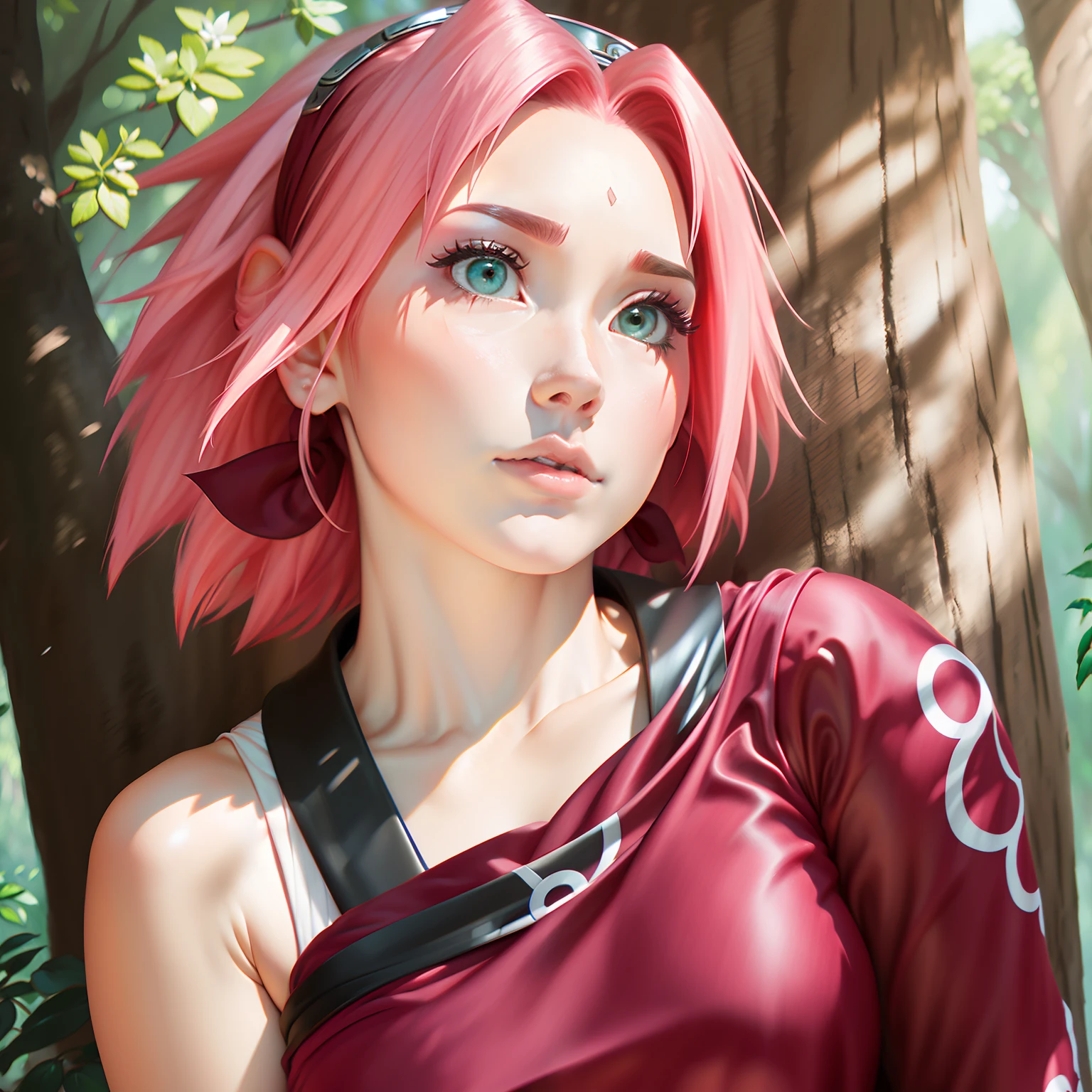 sakura haruno, pink  hair, thin fabric, subtleness, white outfit, medium size breasts, tree background, (close up cleavage), (​masterpiece, Reslism, best qualityer) shorth hair,