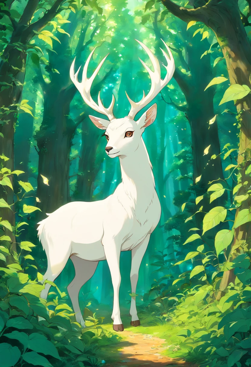 A white deer standing in the middle of a forest - SeaArt AI