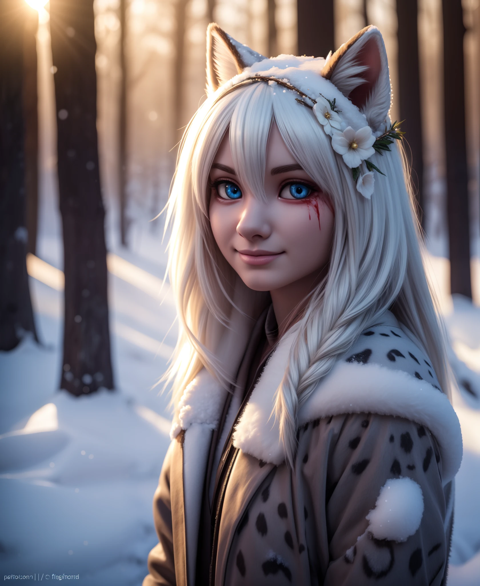 (blood runs down the fur, girl covered on blood, blood on snow:1.4), (male dead corpse:1.4), winter forest, realistic snow, detailed background, furry female, snow leopard, body fur, fur, anthro, fluffy, neck fur, body fur, animal ears, animal nose, blush, nude, pawpads, outdoors, blue detailed eyes, long hair, hair ornament, white hair, full body, smiling, cute, shy, young, petite, slim, feminine, large eyes, , 3d octane render, unreal engine raytraced screenshot, cgi, photorealistic, redshift, unrealistic lighting,high detail, realistic, masterpiece, absurdres, best quality, HDR, high quality, high-definition, extremely detailed, 8k wallpaper, intricate details, 8K uhd, Full-HD, (realistic photo:1.2), contrast, harsh lighting, cinematic lighting, natural lighting, hard light, backlighting, ray tracing, global illumination, ambient occlusion, depth of field, Field of View, lens flare, bloom, stunning environment, Rim Lighting, Soft Lighting, Accent Lighting, Filmic, Tonal Colors, Nikon D750, Brenizer Method, F/2.8, Tonal Colors, ProPhoto RGB, Perfectionism, Diffraction Grading, RAW photo, dslr, film grain, Fujifilm XT3