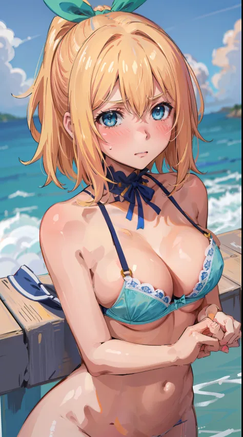 best quality, (masterpiece:1.2), detailed, medieval,
Rumia Tingel, 20 years old,
1girl, solo, blush,
medium hair, blonde hair, short ponytail, blue eyes, green bow, x hair ornament,
(((blue bra, nsfw))), blue eyes, ultra-detailed eyes,
standing, looking at...