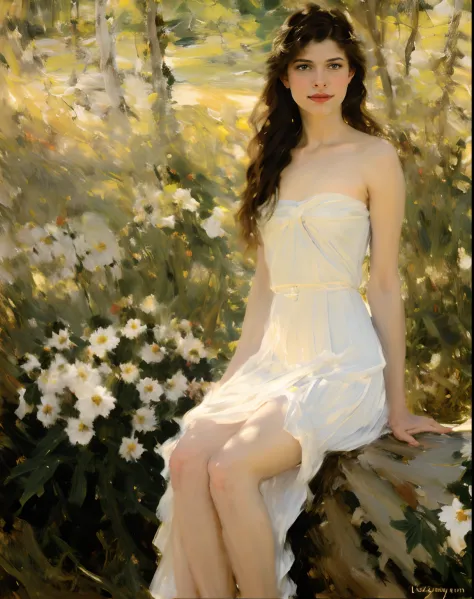 (((  singer sargent oil painting ))) long shot 21 year old woman, shoulder length hair, white   satin dress, painting art ，fores...