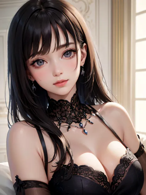 ((top-quality、masuter piece:1.3))、超A high resolution、(The best illustrations)、1 female、a beauty girl:1.3、4/5 shots、Straight hairstyle、A dark-haired、glistning skin、lightsmile、closes mouth、爆乳、Off-shoulder see-through white long dress、Earring、hyperdetailed fa...
