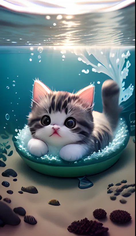 Cute baby cat with fish and seaweed and foam,Full-figured,Raw photo, Realism,There are a lot of small fish swimming