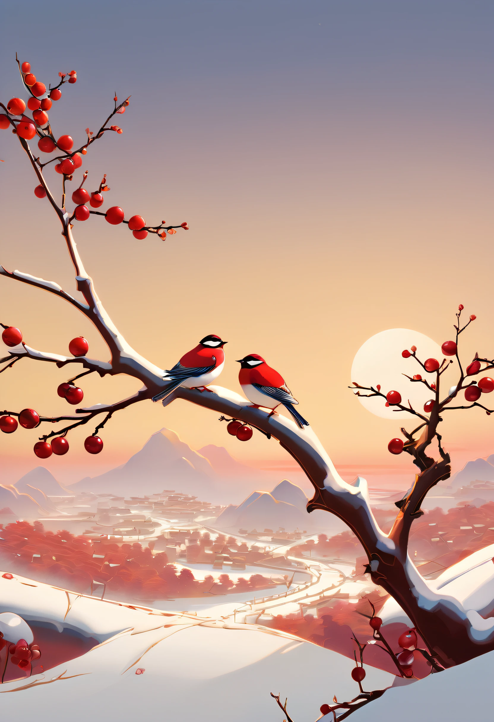 Dois pássaros estão sentados em um galho perto do pôr do sol, no estilo da arte do jogo 2D, Chiho Aoshima, Núcleo de cranberry, Xu Beihong, paisagem de neve, Técnicas de arte digital, formas orgânicas biomórficas，guofeng，estilo chinês