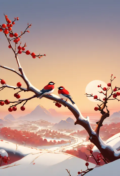 Two birds sit on a branch near sunset, In the style of 2D game art, Chiho Aoshima, Cranberry core, Xu Beihong, snow landscape, d...
