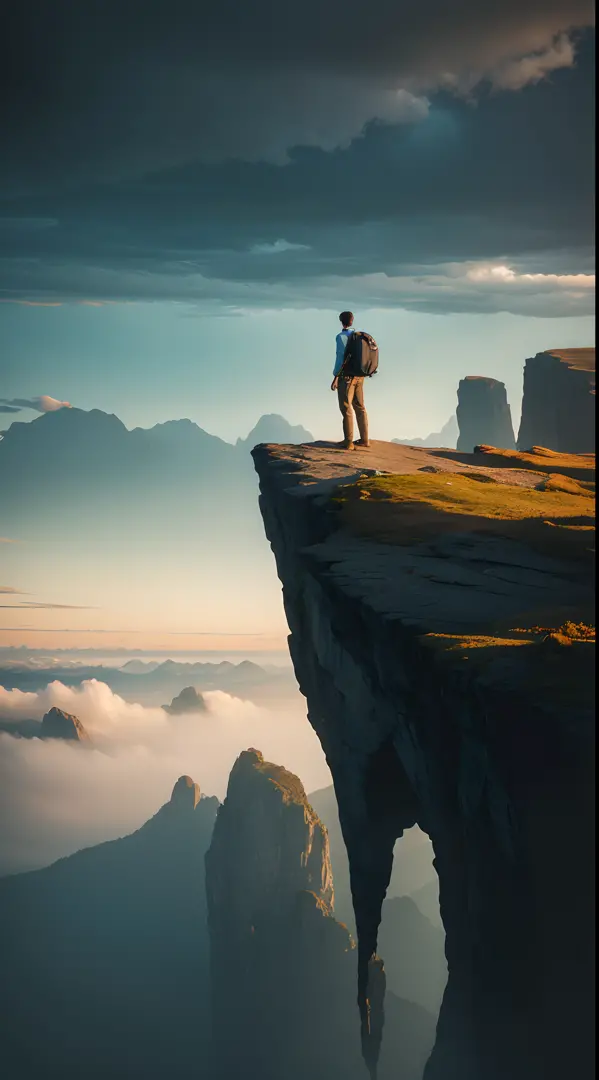 A young male standing on the edge of a surreal cliff, with breathtaking landscape photography to accentuate the scene's ethereal...