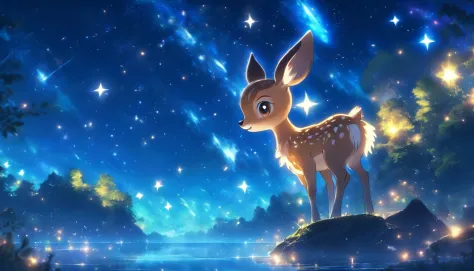 In the infinite universe, Starry sky wrapped in pitch black darkness, A shining star is spinning a special story. There are small river valleys around it，A fawn appeared，hyper HD