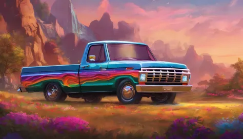Render of an 80s Ford pickup truck, showcasing the characteristic design elements of that decade, with wide fenders and a prominent hood. The truck stands out with its vibrant color and the distinct text 'El Pelavacas' emblazoned on the front.