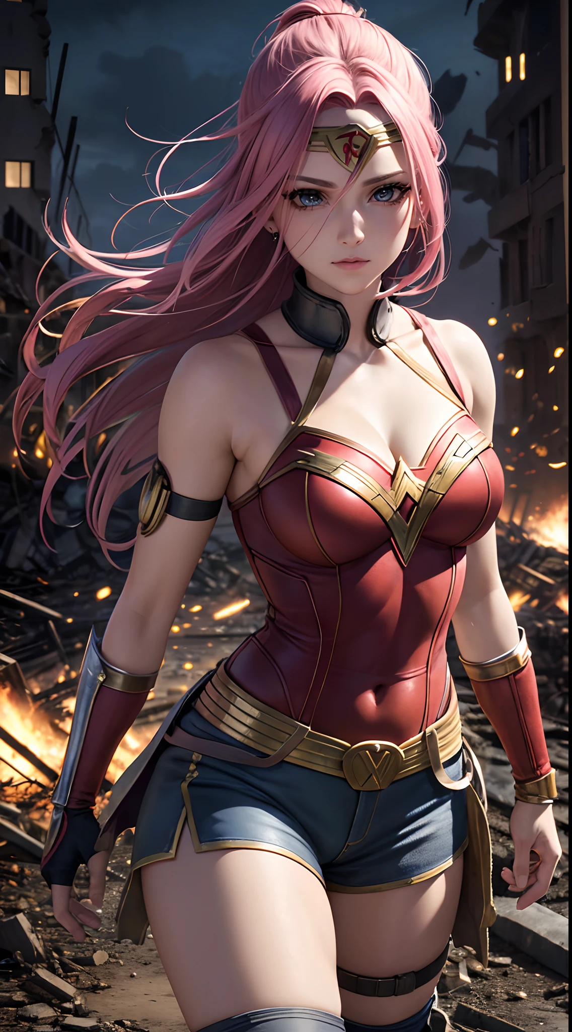 Sakura Haruno como Wonder Woman, DC Comics, extremely realistic,More detailed 8K.unreal engine:1.4,UHD,La Best Quality:1.4, photorealistic:1.4, skin texture:1.4, masterpiece:1.8,first work, Best Quality,object object], (detailed face features:1.3),(detailed hands:1.4),(Apocalyptic destroyed city Al:1.4)