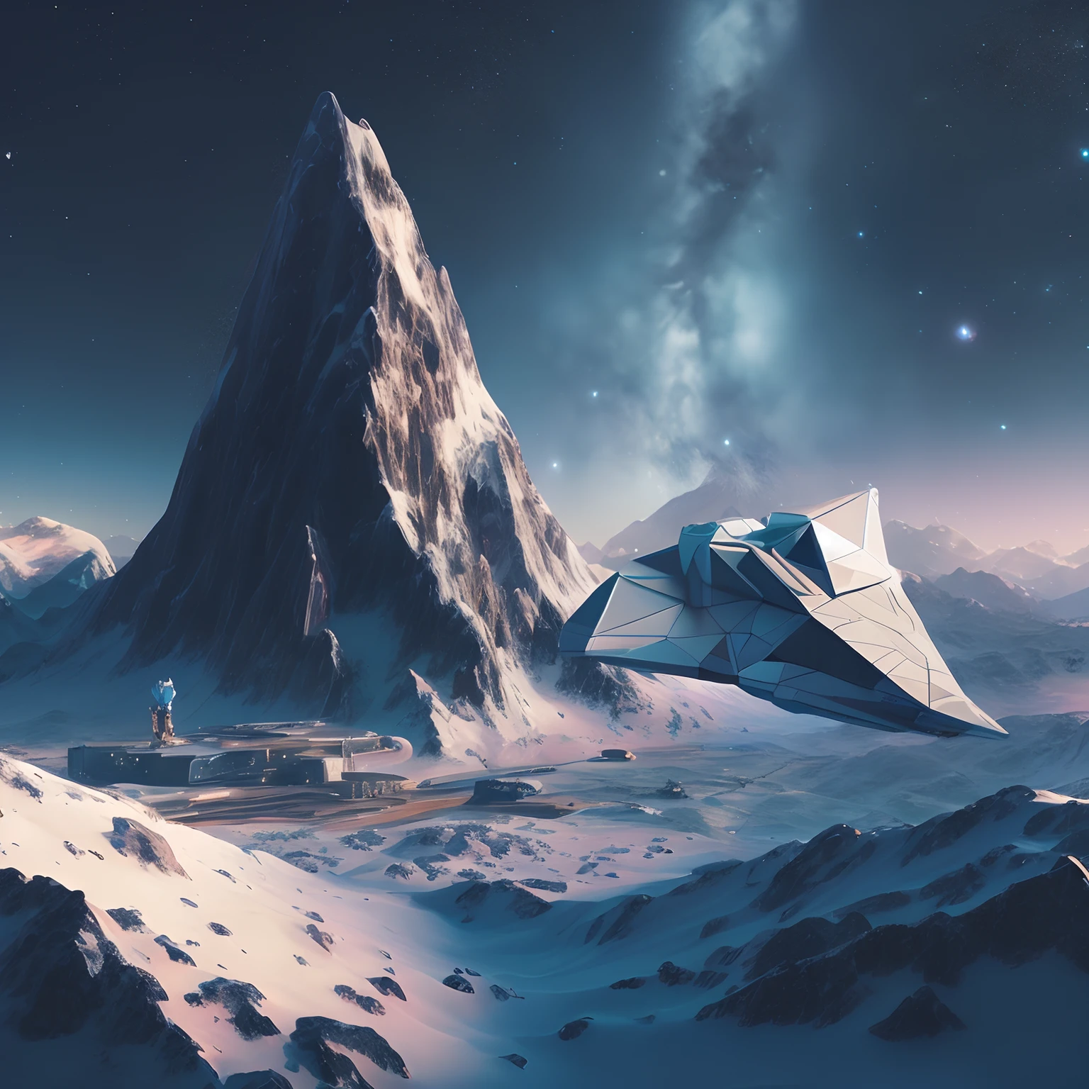 spaceship flying over a snowy mountain with a star filled sky, beeple and tim hildebrandt, jessica rossier fantasy art, stefan koidl inspired, inspired by jessica rossier, by jessica rossier, in the art style of filip hodas, jessica rossier color scheme, beeple and mike winkelmann, 3 d render beeple