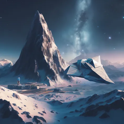 spaceship flying over a snowy mountain with a star filled sky, beeple and tim hildebrandt, jessica rossier fantasy art, stefan k...