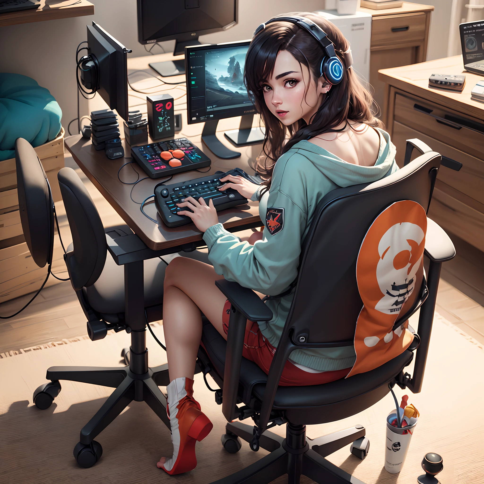 Создайте фотографию игрового процесса Ари, сидящей в ее голом геймерском кресле, в реалистичном стиле.