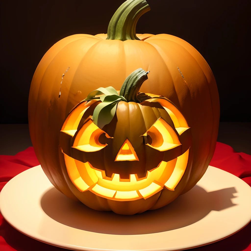 There is a carved pumpkin on a plate on a table - SeaArt AI