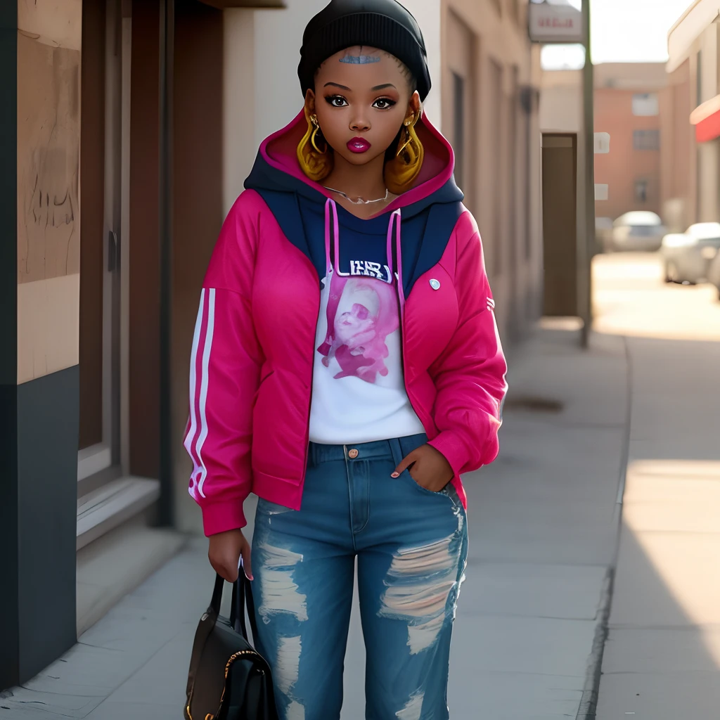 Arafed woman in a pink jacket and jeans standing on a sidewalk - SeaArt AI