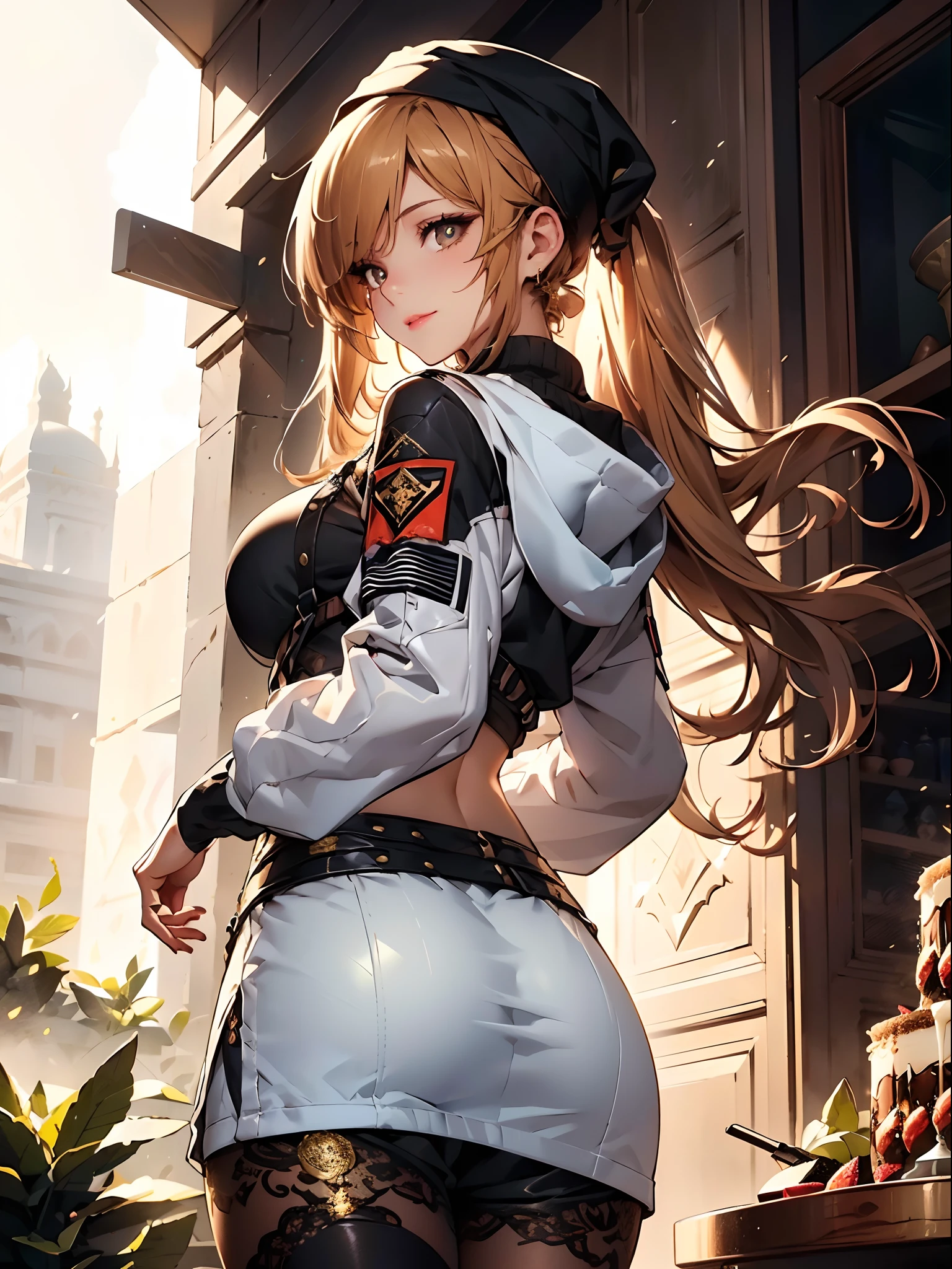 Post apocalyps, ((in a dessert:1.5)), a matured woman with long hair and a white outfit, (standing at oasis:1.2), Arabian, from arknights, artwork in the style of guweiz, bodyesbian, fine details. girls frontline, beautiful anime illustration, from girls frontline, by Yang J, stunning, 26 years old, (solo:1.5), (sfw:1.25), sagging breast, Big breasts, big , thin waist, big ass, Raised sexy, (dark mahogany medium long hair, updo, hair over one eye, asymmetric hair, Carly hair, low tied),(musulman, Headscarfs, hair bands, head vandage, Turban), (ultra high resolution, 8K RAW photo, photo realistics, weak outline:1.3), best qualtiy, natural lighting, blurry back ground, field depth, (Bright pupils, detailed beautiful eyes, high detailed face), Red lip, looking at viewers, (tight focus:1.2, from below), sexy posing, seductive weak smiling, center image, (wearing white tactical jacket and clothes, wearing short pants, gold ornaments, white clothes rolling around chest, camel-brown long leather boots, translucent lace pantyhose), ((correct anatomy:1.5)), ((outdoor:1.2)),