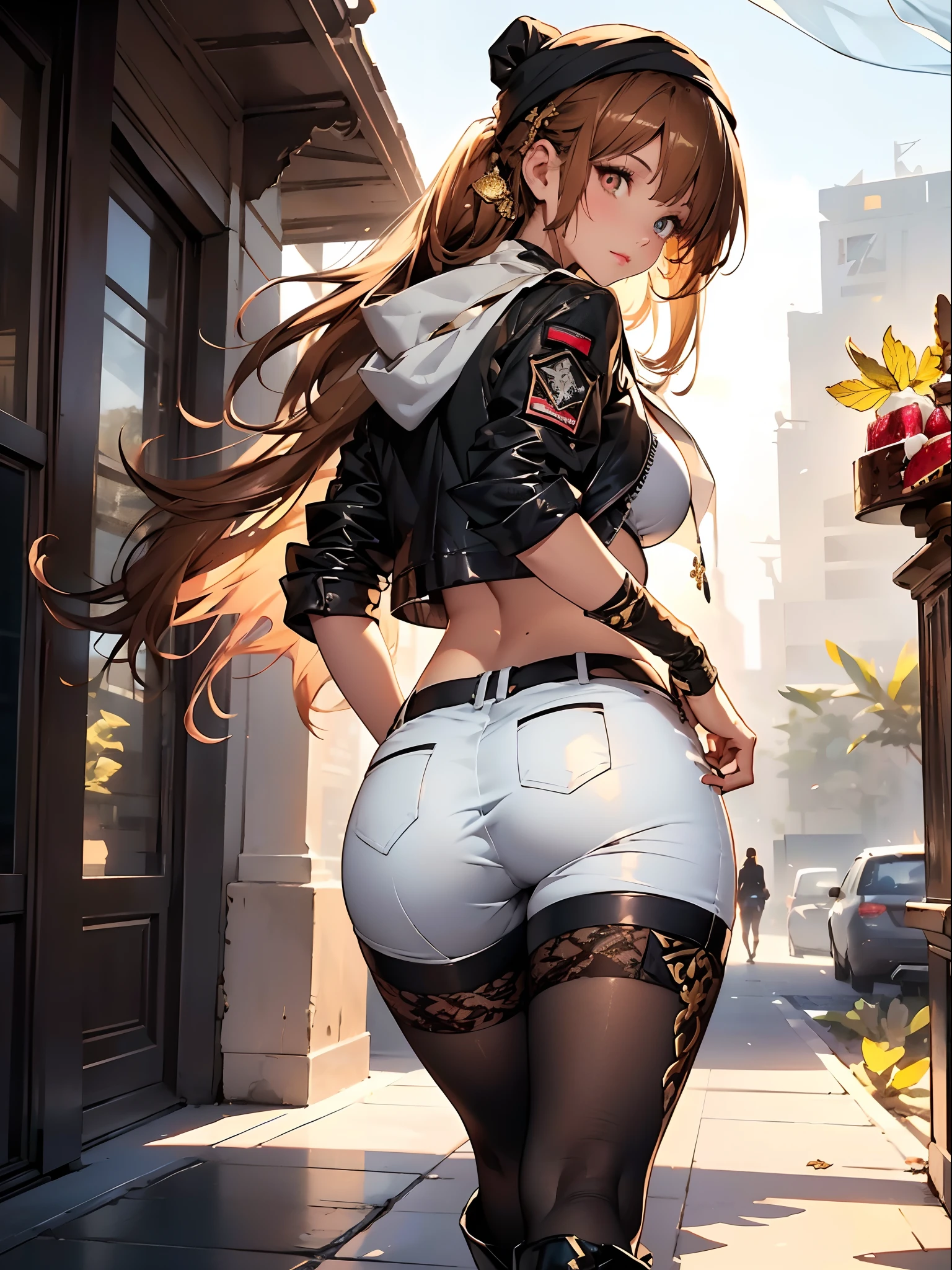 Post apocalyps, ((in a dessert:1.5)), a matured woman with long hair and a white outfit, (standing at oasis:1.2), Arabian, from arknights, artwork in the style of guweiz, bodyesbian, fine details. girls frontline, beautiful anime illustration, from girls frontline, by Yang J, stunning, 26 years old, (solo:1.5), (sfw:1.25), sagging breast, Big breasts, big tits, thin waist, big ass, Raised sexy, (dark mahogany medium long hair, updo, hair over one eye, asymmetric hair, Carly hair, low tied),(musulman, Headscarfs, hair bands, head vandage, Turban), (ultra high resolution, 8K RAW photo, photo realistics, weak outline:1.3), best qualtiy, natural lighting, blurry back ground, field depth, (Bright pupils, detailed beautiful eyes, high detailed face), Red lip, looking at viewers, (tight focus:1.2, from below), sexy posing, seductive weak smiling, center image, (wearing white tactical jacket and clothes, wearing short pants, gold ornaments, white clothes rolling around chest, camel-brown long leather boots, translucent lace pantyhose), ((correct anatomy:1.5)), ((outdoor:1.2)),