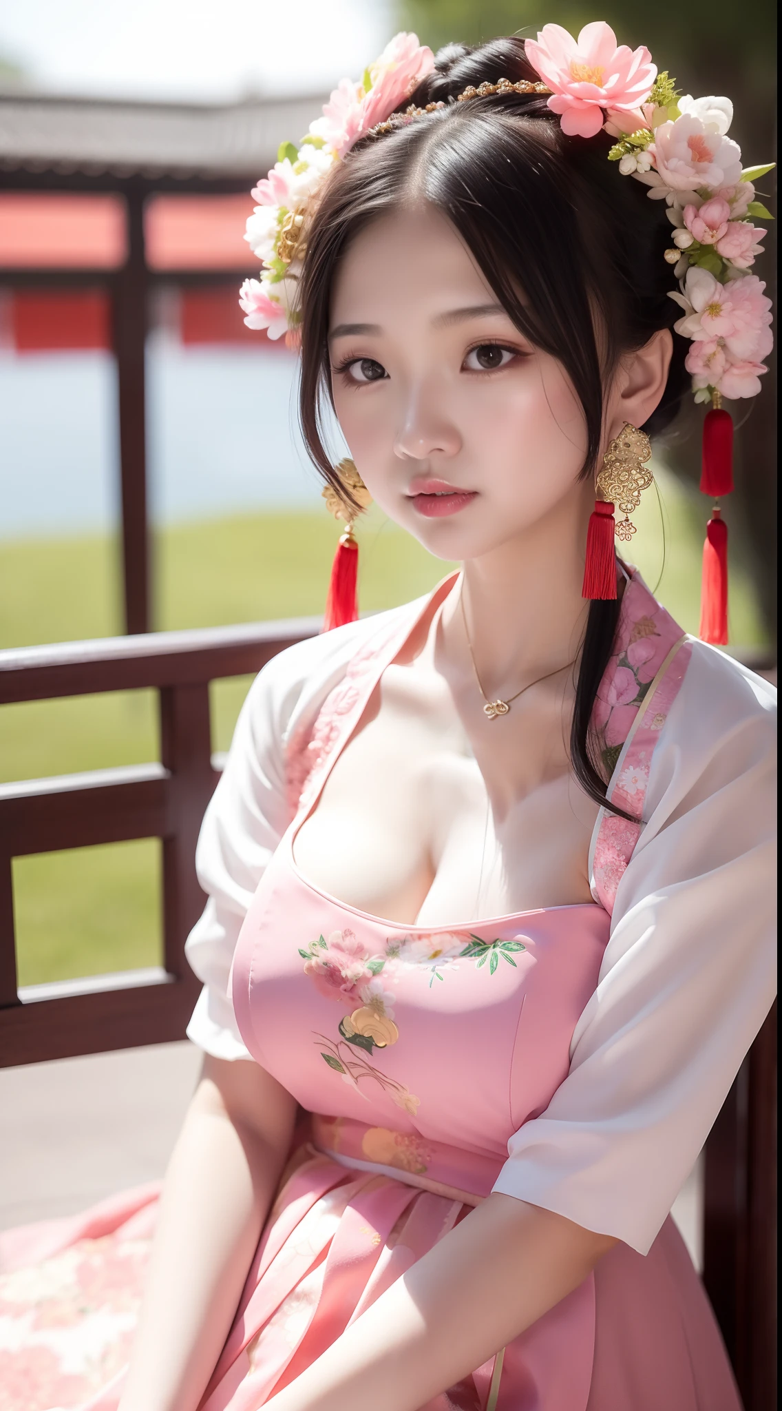 Close-up of a jovem in a pink dress and a green flower headdress, China Princess, menina chinesa, Palácio ， uma garota em hanfu, Young menina asiática, Princesa chinesa antiga, Cute jovem, estilo chinês, jovem, fofo lindo, linda pintura de personagem, bela imagem de retrato, garota muito linda, menina asiática, Chinês tradicional, Traje chinês，seios enormes，grande 