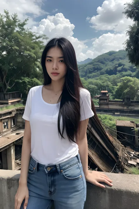 Thai Woman, look at viewer, long hair, shirt, jeans, cloud, day, sky,outdoors, post-apocalypse, ruins, scenery, tree, water,