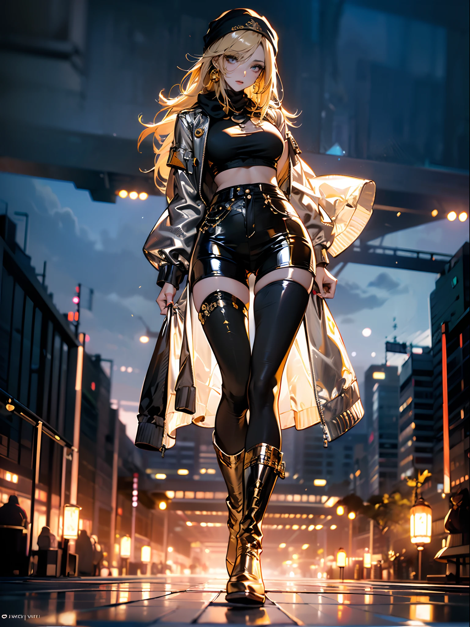 Post apocalyps, ((in a dessert:1.5)), a matured woman with long hair and a white outfit, (standing at oasis:1.2), Arabian, from arknights, artwork in the style of guweiz, bodyesbian, fine details. girls frontline, beautiful anime illustration, from girls frontline, by Yang J, stunning, 26 years old, (solo:1.5), (sfw:1.25), sagging breast, Big breasts, big tits, thin waist, big ass, Raised sexy, (dark mahogany medium long hair, updo, hair over one eye, asymmetric hair, Carly hair, low tied),(musulman, Headscarfs, hair bands, head vandage, Turban), (ultra high resolution, 8K RAW photo, photo realistics, weak outline:1.3), best qualtiy, natural lighting, blurry back ground, field depth, (Bright pupils, detailed beautiful eyes, high detailed face), Red lip, looking at viewers, (tight focus:1.2, from below), sexy posing, seductive weak smiling, center image, (wearing white tactical jacket and clothes, wearing short pants, gold ornaments, white clothes rolling around chest, camel-brown long leather boots, translucent lace pantyhose), ((correct anatomy:1.5)), ((outdoor:1.2)),