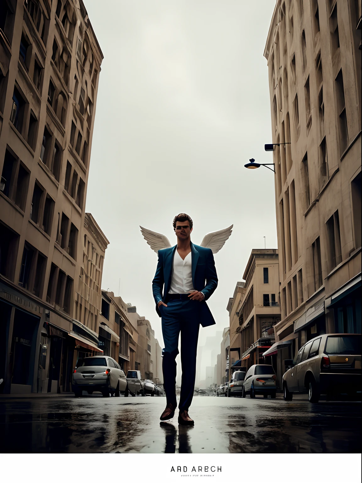 Cinematic shot of a heavenly handsome winged male angel, on a desert city street, on a rainy night, cinematic lighting, view from below, vivid color palette, high contrast, photographed by Guy Aroch