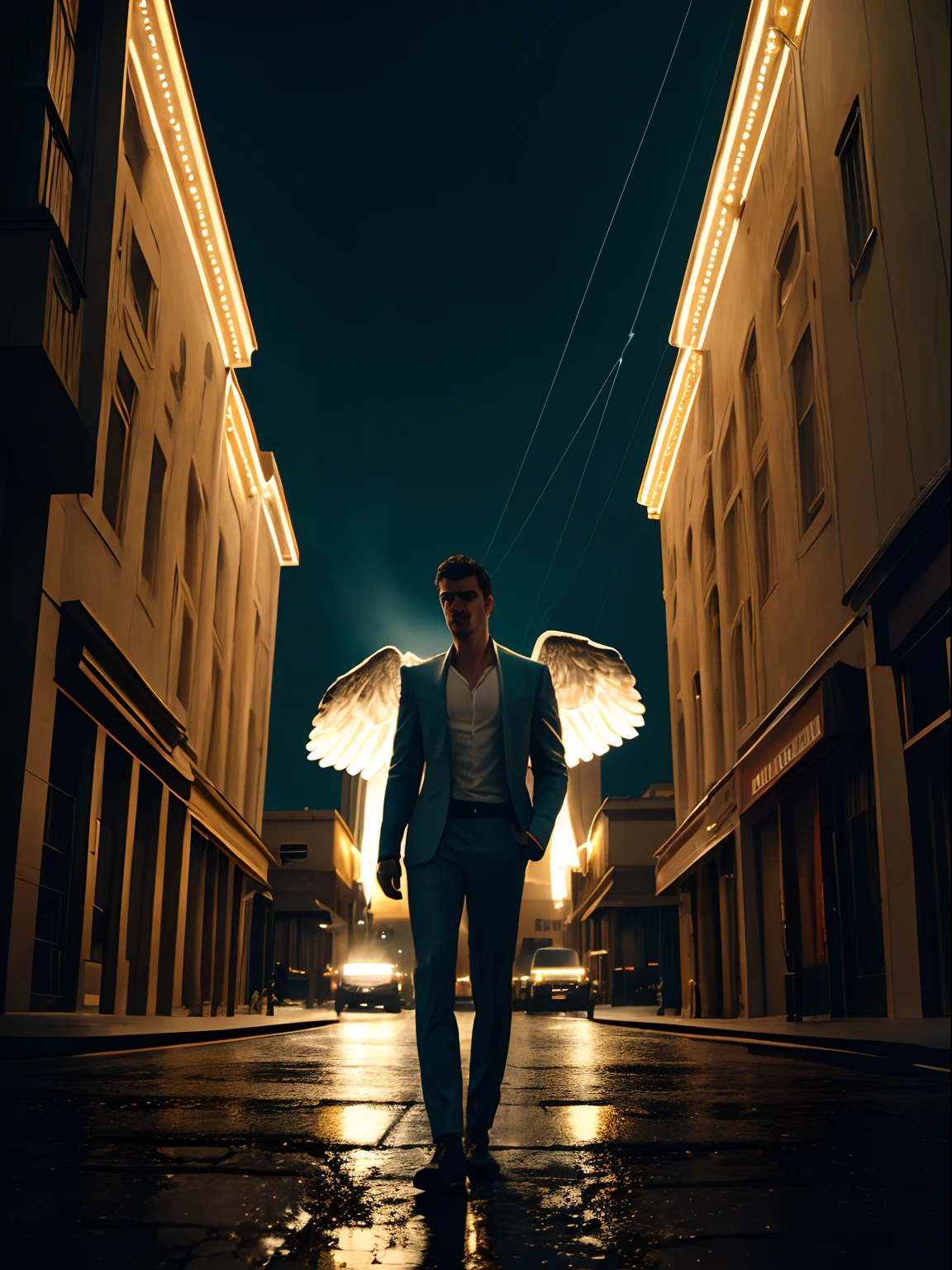 Cinematic shot of a heavenly handsome winged male angel, on a desert city street, on a rainy night, cinematic lighting, view from below, vivid color palette, high contrast, photographed by Guy Aroch