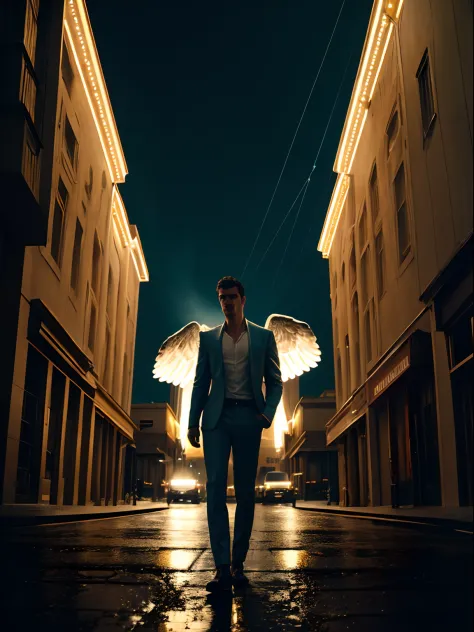 Cinematic shot of a heavenly handsome winged male angel, on a desert city street, on a rainy night, cinematic lighting, view fro...