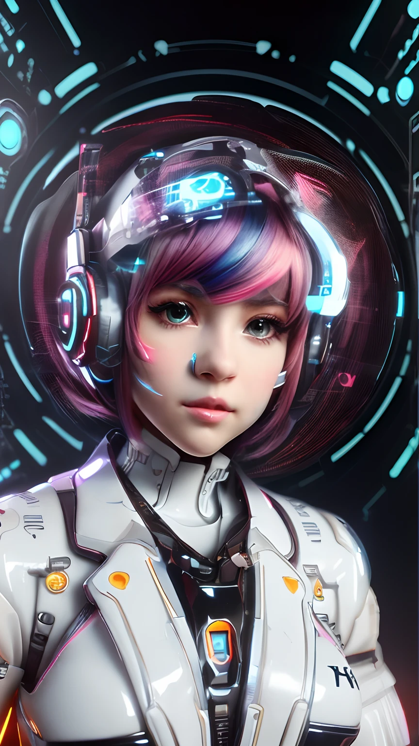 (cute girl in a latex exosuit:1.2) in round room, cyberspace, hyperspace, hacking a futuristic computer network, hackingui, user interface, hud, colorful rainbow colors, (perfect hair, perfect face:1.25)