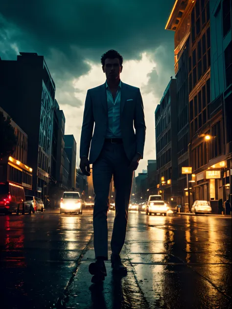 Cinematic shot of a heavenly handsome winged male angel, on a desert city street, on a rainy night, cinematic lighting, view from below, vivid color palette, high contrast, photographed by Guy Aroch
