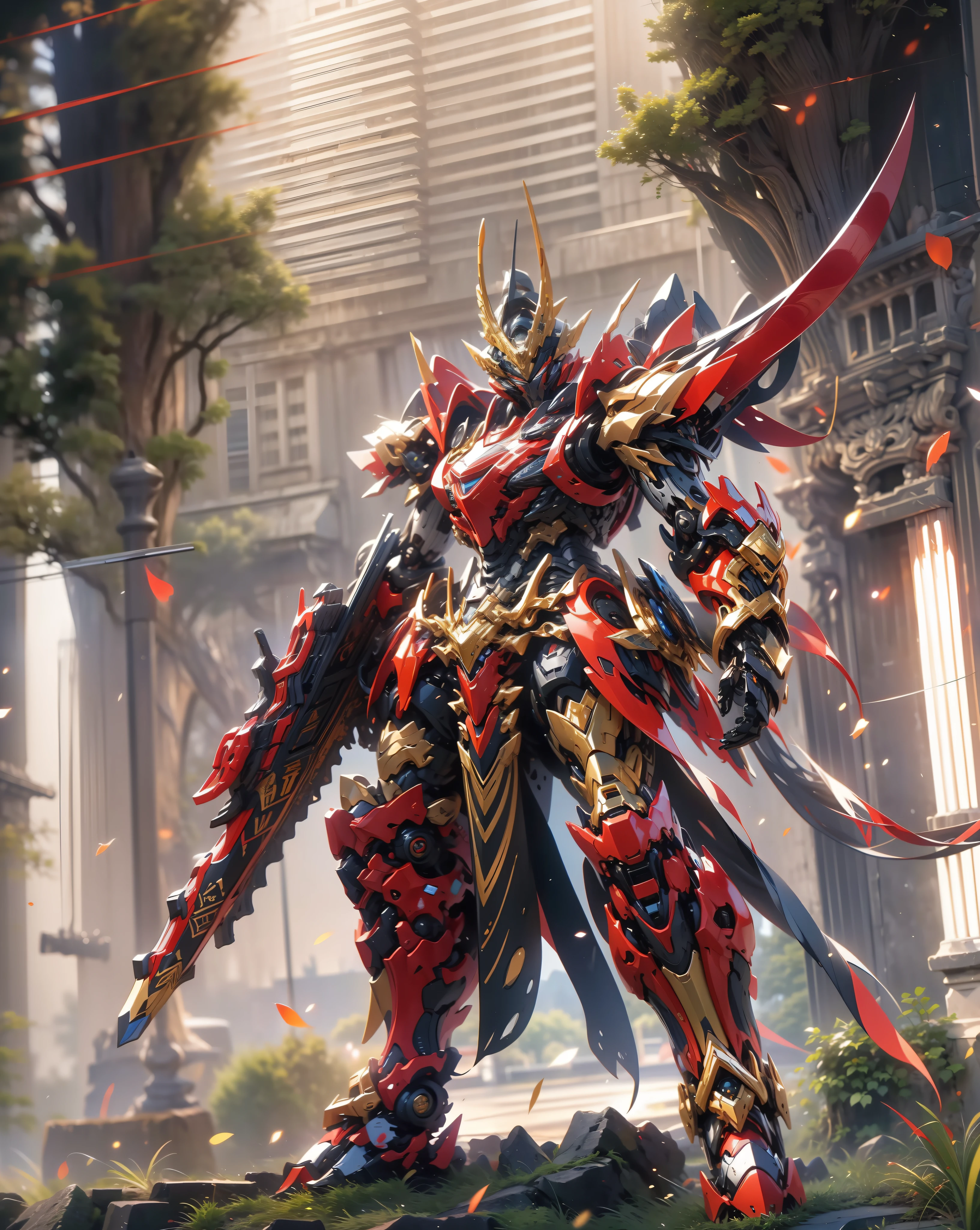 super wide shot, Full body frontal photo,Mecha male warrior，The heroic demeanor of the Three Kingdoms,《Mech color: Red Deep Series》，（《Romance of the Three Kingdoms》，《Lu Bu》，Holding Fang Tian's halberd in his hand，），（Full body mecha）, Keqing from Genshin Impact, (Masterpiece) ， The best quality， High quality，Gold armor，Movie Lighting， （Exquisite future）， Beautiful and beautiful， Ultra detailed， great composition， Floating， Depth of field， （Very detailed CG，Unity 8k Wallpaper）， （Beautiful detail background）， dramatic lights， GOGETTA， Mecha，best qualtiy，Ultra-high 8K Ultra HD，digital SLR camera，high qulity，Film particle resolution，