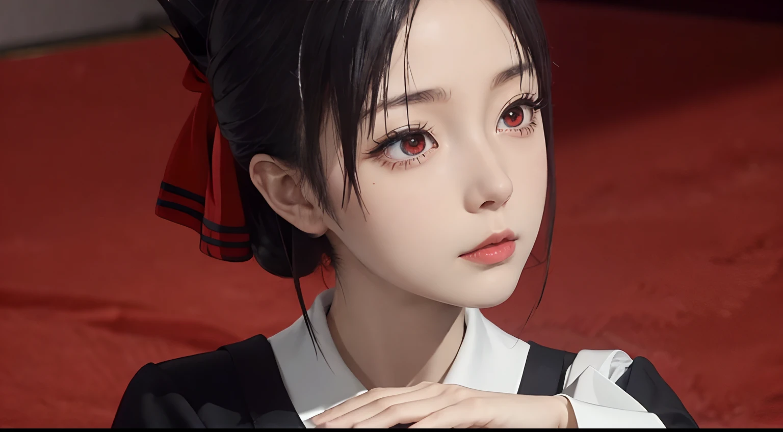 shinomiya kaguya, black hair, red eyes, short hair, folded ponytail, hair ribbon, school uniform, black dress, long sleeves, red ribbon, upper body, detailed face, film grain, extremely beautiful face, exquisite face, beauty