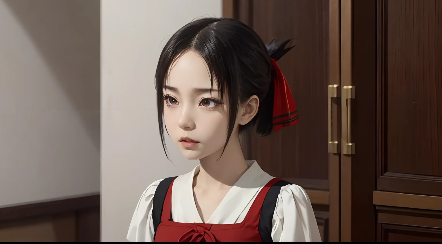 shinomiya kaguya, black hair, red eyes, short hair, folded ponytail, hair ribbon, brown dress, puffy sleeves, short sleeves, red ribbon, upper body, detailed face, film grain, extremely beautiful face, exquisite face, beauty, 18 years old