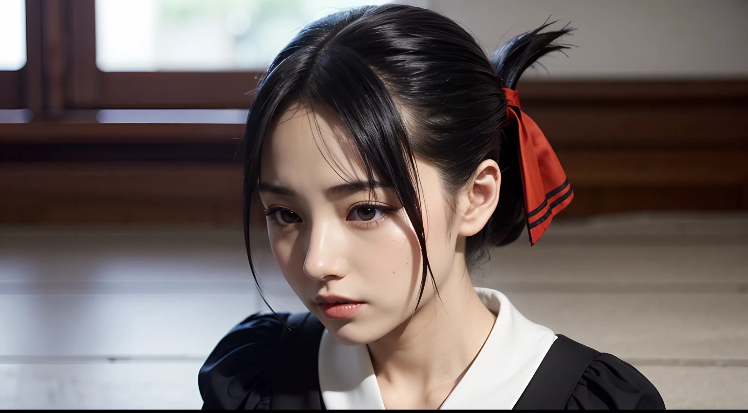 shinomiya kaguya, black hair, red eyes, short hair, folded ponytail, hair ribbon, brown dress, puffy sleeves, short sleeves, red ribbon, upper body, detailed face, film grain, extremely beautiful face, exquisite face, beauty, 18 years old