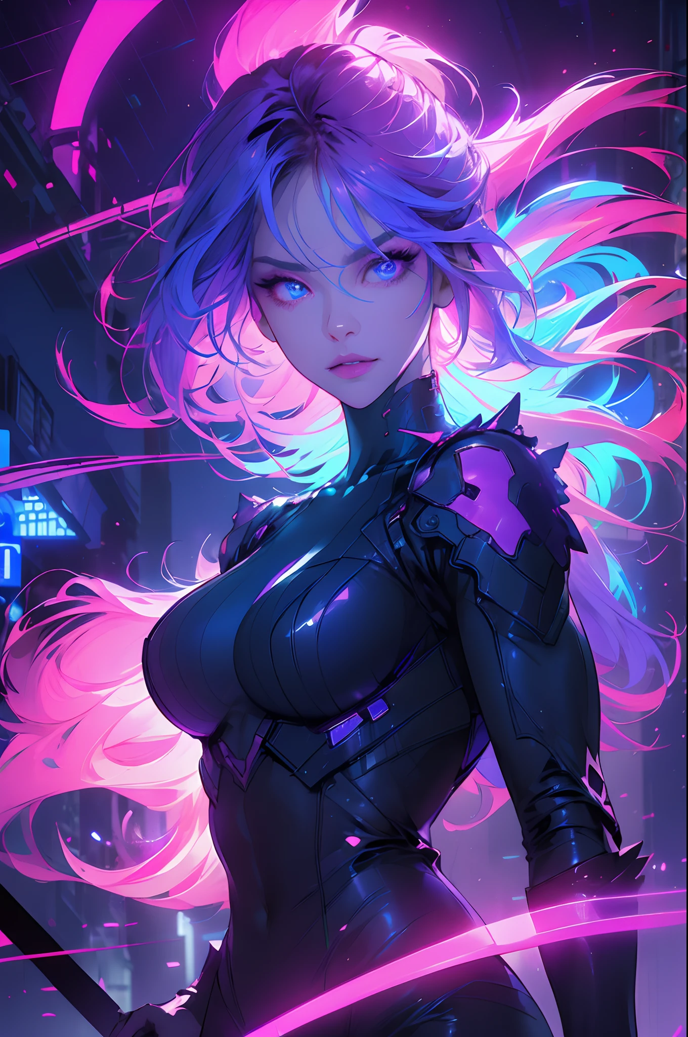 Facing the audience，(Masterpiece, Top quality, Best quality, offcial art, Beautiful and aesthetic:1.2),(Blue-violet Neon Lighting), (Vibrant glow), Dynamic colors, Striking contrast, futuristic vibe, electric energy,shiny reflective surfaces,(Cityscape:1.3),8k,offical wallpaper, best quality，It is better to draw style，