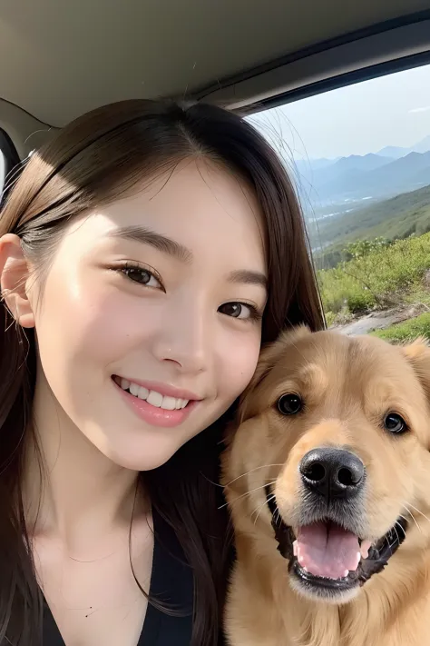 25 year-old girl, Clear facial features, close up, Happy and a golden retriever, black hair, Walk on mountain trails.