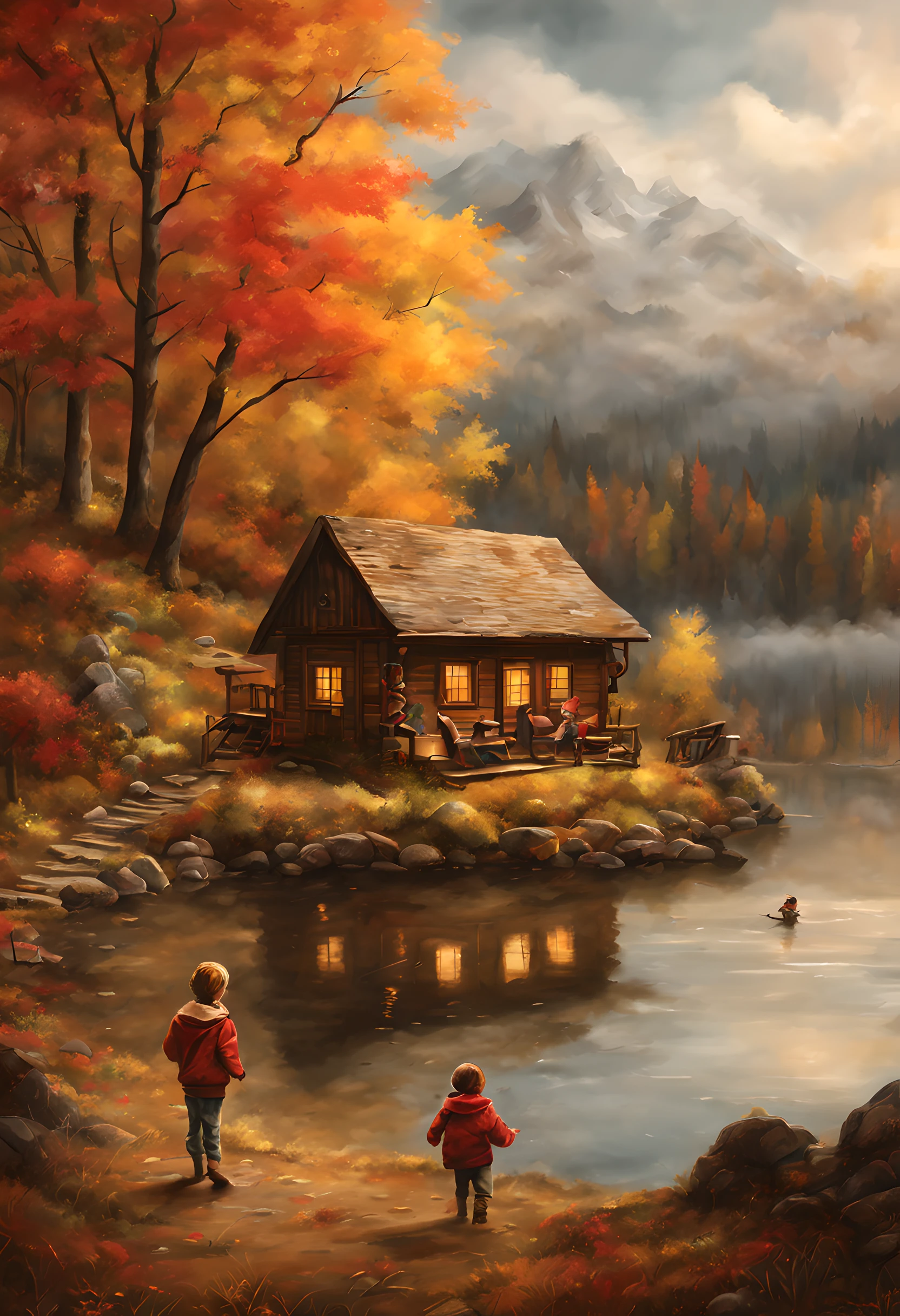 어둡고 우울한 호수 한가운데에 있는 귀여운 오두막 앞에서 많은 아이들이 노는 모습을 묘사한 걸작 예술, 산에서, 가을날