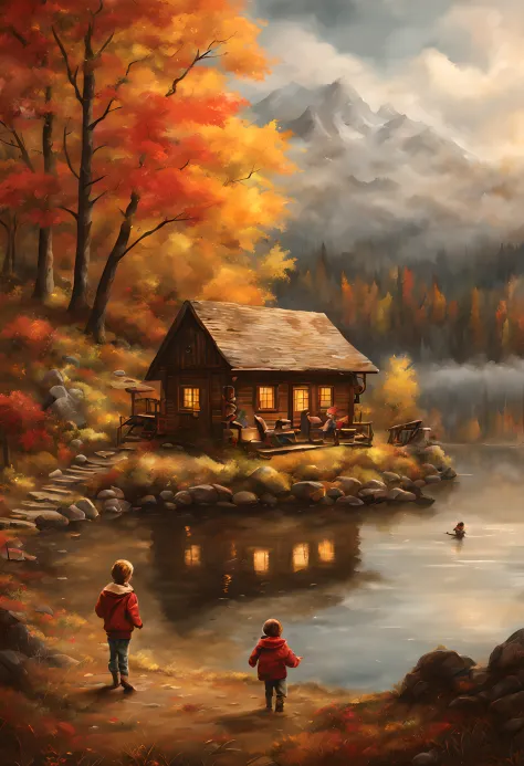 a masterpiece art depicted many kids playing in front of a cute  cabin in the middle of a dark gloomy lake, in the Mountain, in ...
