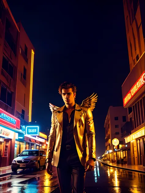 Cinematic shot of a heavenly handsome winged male angel, on a desert city street, on a rainy night, cinematic lighting, view fro...