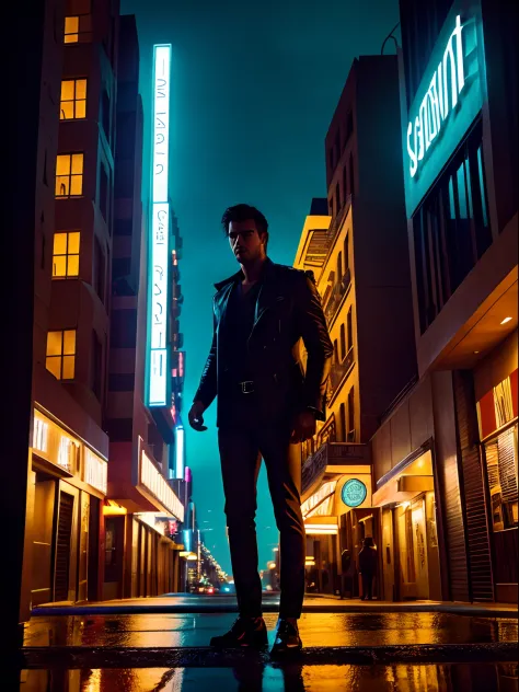 Cinematic shot of a heavenly handsome winged male angel, on a desert city street, on a rainy night, cinematic lighting, view fro...