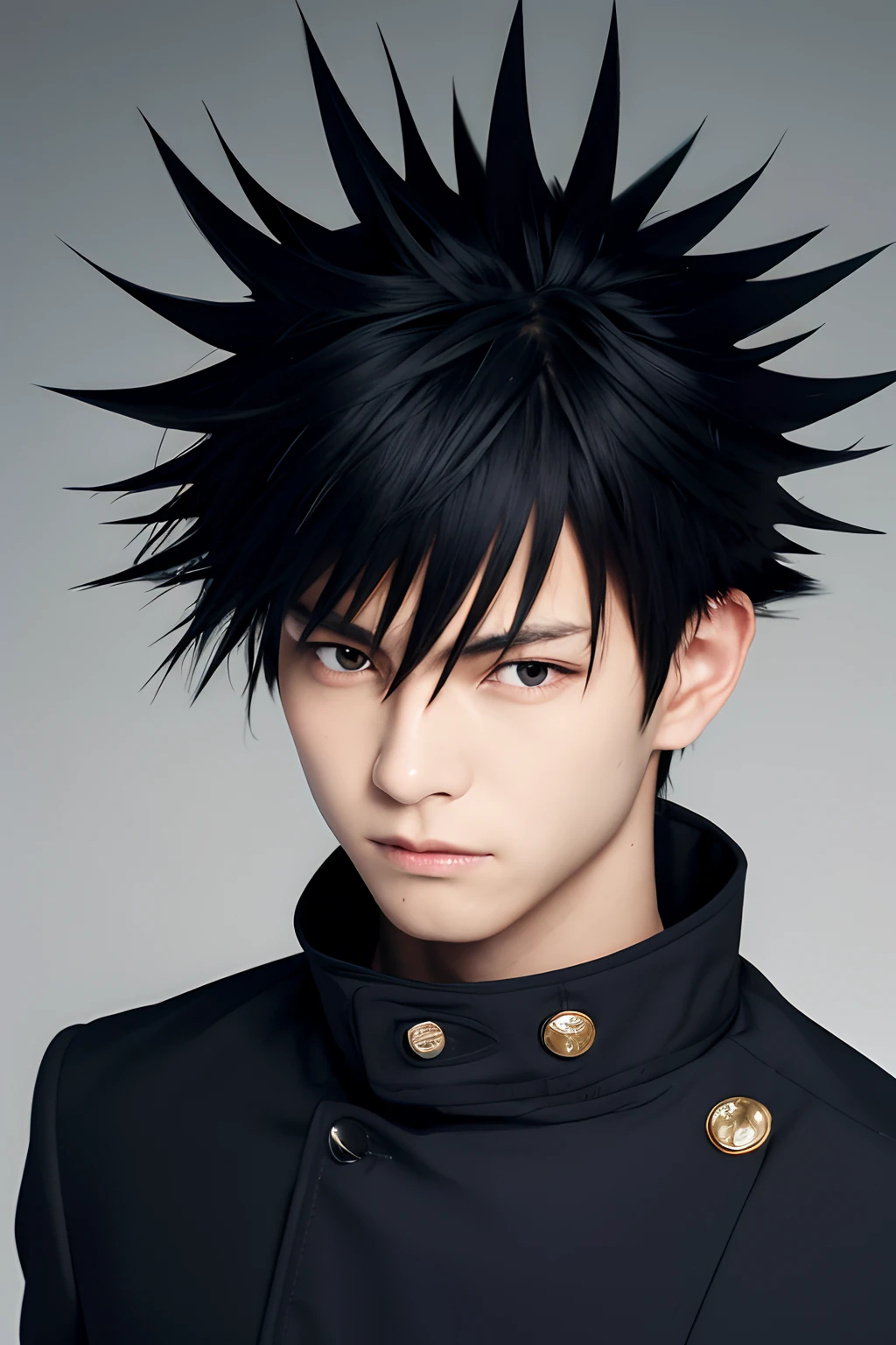 top-quality, 8K, ultra-detailliert, Photorealsitic, 1boy, Solo, Male Focus, Looking at Viewer, Upper body, Fushiguro_Megumi, Black hair, spiked hair, Black eyes, Jacket, High collar, Realism, School uniforms are made of cloth, Japan Faces