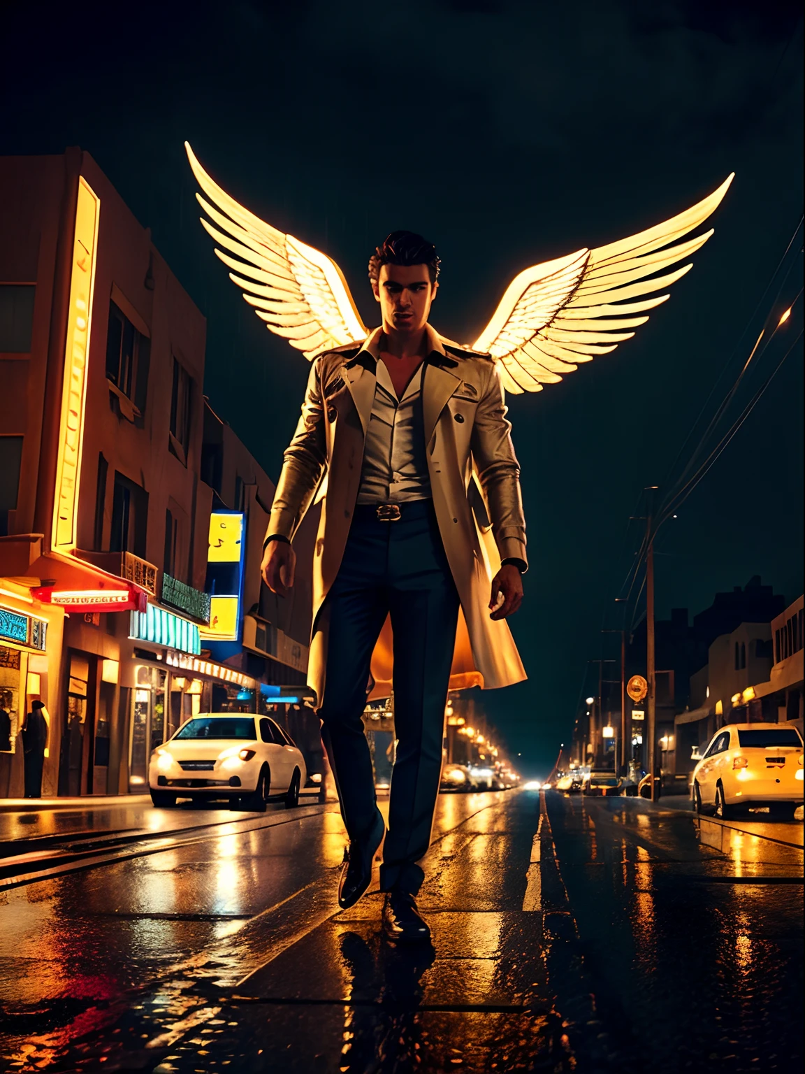 Filmische Aufnahme eines himmlisch schönen geflügelten männlichen Engels, auf einer verlassenen Stadtstraße, In einer regnerischen Nacht, filmische Beleuchtung, Ansicht von unten, lebendige Farbpalette, Hoher Kontrast, fotografiert von Guy Aroch