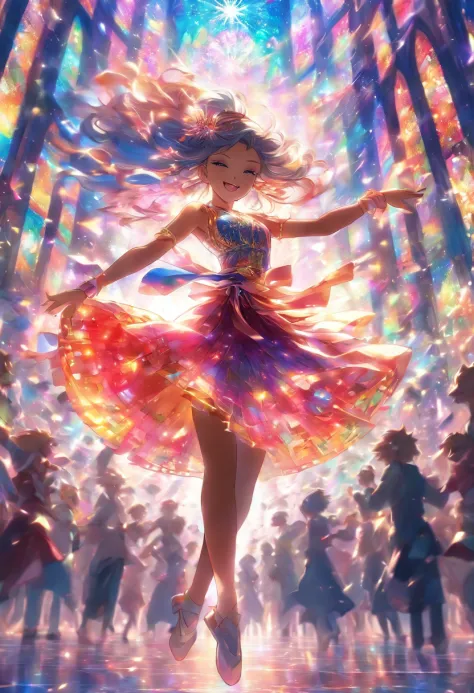 Beautiful woman dancing gracefully in the crowd、Draw in ultra-definition, High quality stained glass style。The colors are vivid、Let's shine light on it and create beautiful patterns。"