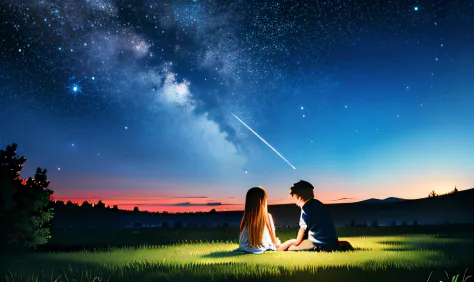 Childhood，the night，Big starry sky，two guys，Boy and long-haired girl snuggle together，Back Shadow，Two people are small。Sit on gr...